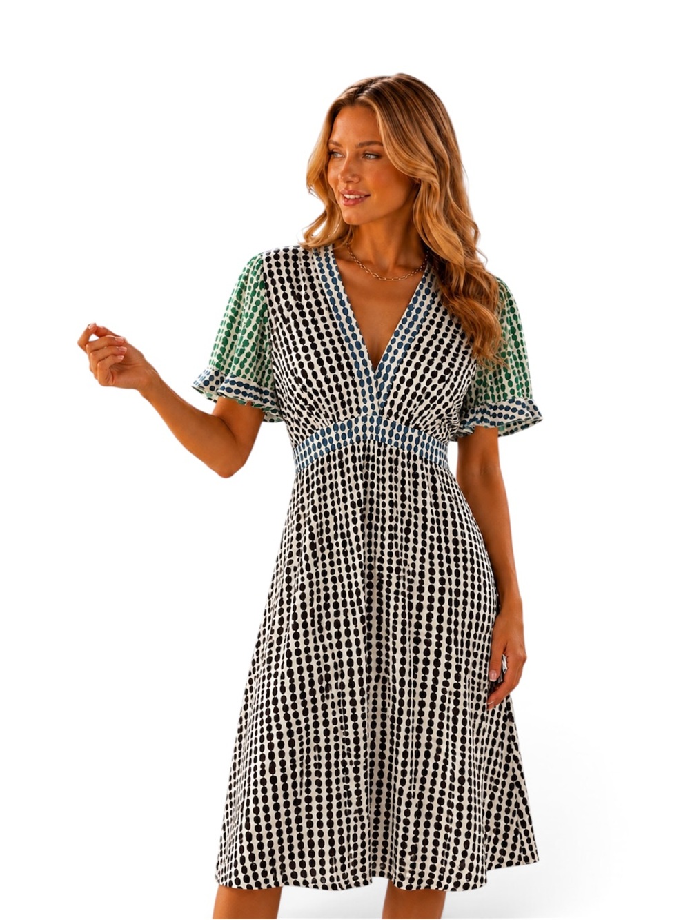 Polka Dot V-Neck Midi Dress with Green Accent